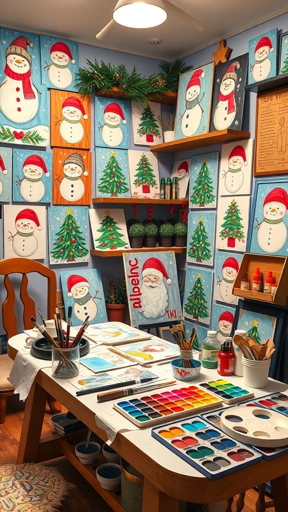 An art studio with cute Christmas paintings on the walls, showcasing festive themes like snowmen and Christmas trees.